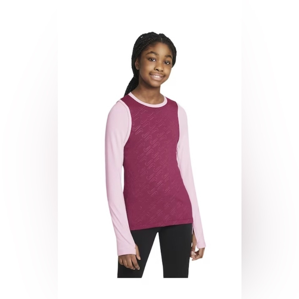 Nike Pro Girls' Dri-FIT RUSH MAROON/PINK‎ FOAM long sleeve Warm Top size large